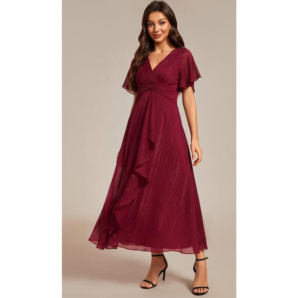 Ever Pretty Metallic Fabric V-Neck A-Line Wedding Guest Dress Ruffled Hem Large - Picture 1 of 10